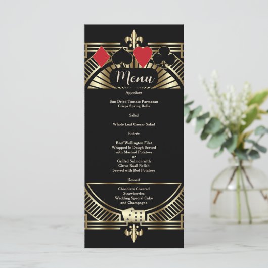 Gouden Black Gatsby Style Roaring 20s Wedding Menu (Staand voorkant)