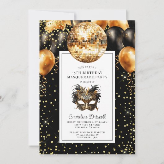 Gouden Black Glitter Verjaardag Masquerade Party Kaart (Voorkant)