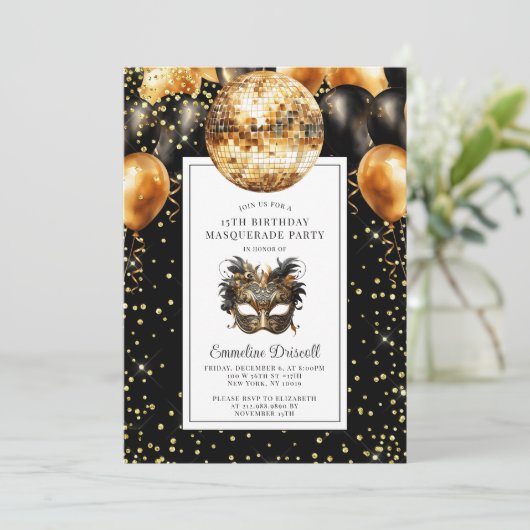 Gouden Black Glitter Verjaardag Masquerade Party Kaart (Staand voorkant)