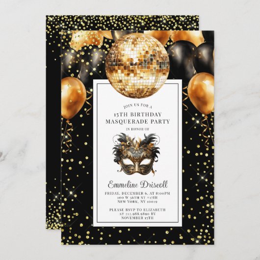 Gouden Black Glitter Verjaardag Masquerade Party Kaart (Voorkant / Achterkant)