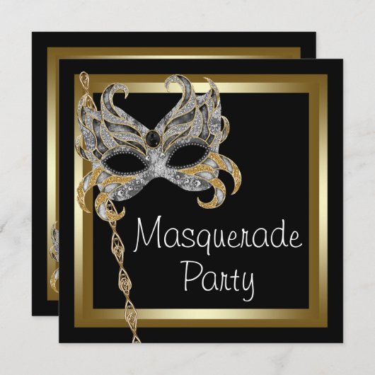 Gouden Black Mask Masquerade Party Uitnodigingen (Voorkant / Achterkant)