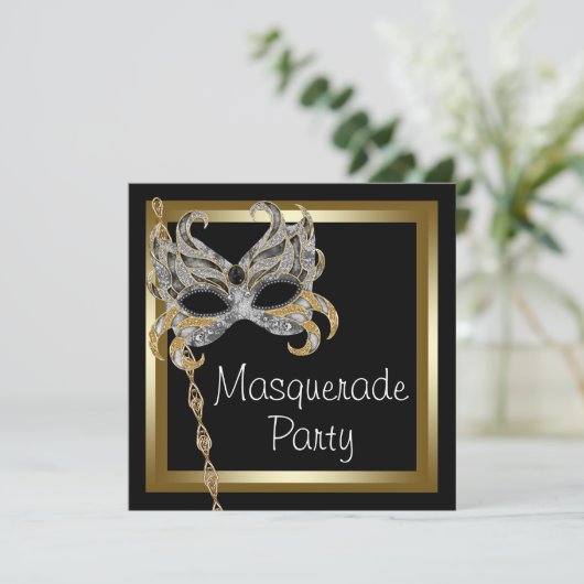 Gouden Black Mask Masquerade Party Uitnodigingen (Staand voorkant)