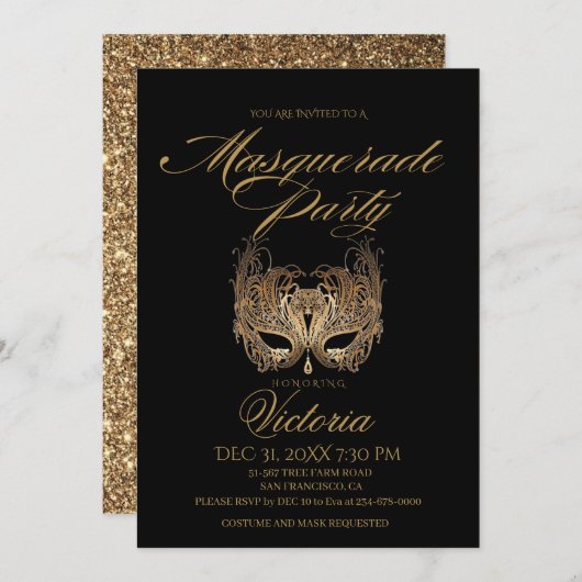 Gouden Black Masquerade Party Verjaardag Kaart (Voorkant / Achterkant)