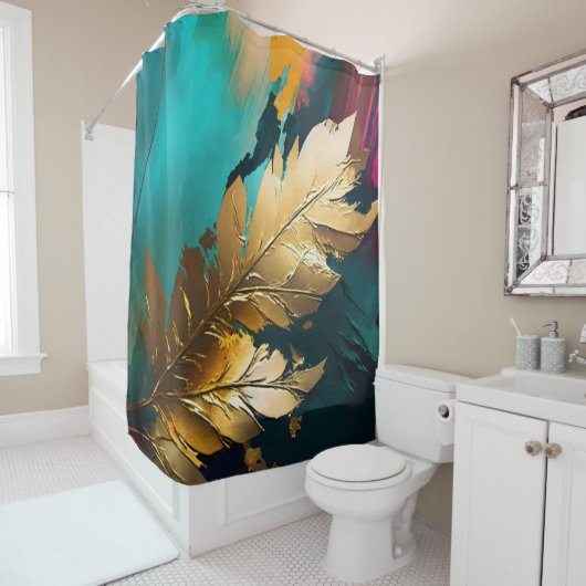 Gouden Blad – Abstract Botanische Moderne Kunst Douchegordijn (In situ)
