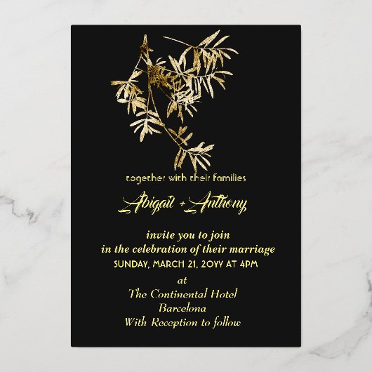 Gouden blad bruiloft moderne minimalist folie uitnodiging (Voorkant)