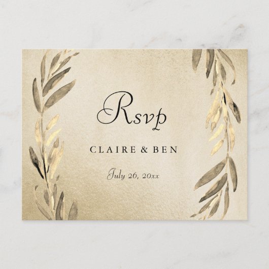 Gouden Blad Goud Folie Bruiloft RSVP Postcard Uitnodiging Briefkaart (Voorkant)