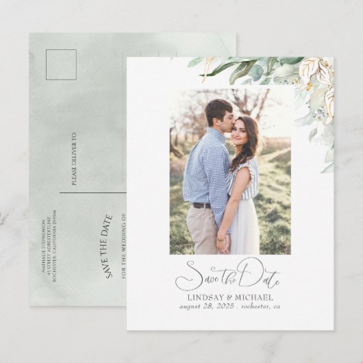 Gouden Blad Groen Sla de Datum Foto op Aankondigingskaart (Voorkant / Achterkant)