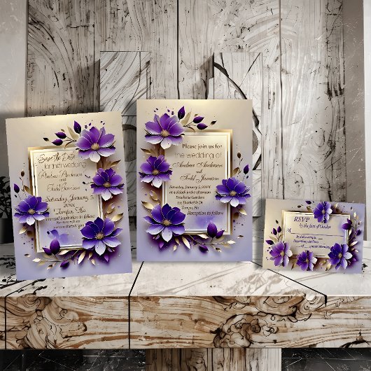 Gouden blad paarse bloemen bruiloft kaart