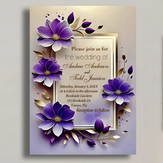 Gouden blad paarse bloemen bruiloft kaart