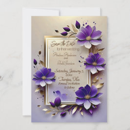 Gouden blad paarse bloemen bruiloft save the date