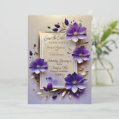Gouden blad paarse bloemen bruiloft save the date (Staand voorkant)