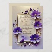 Gouden blad paarse bloemen bruiloft save the date (Voorkant / Achterkant)