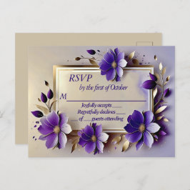 Gouden blad paarse bloemen RSVP Briefkaart