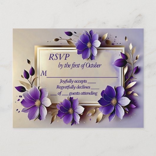 Gouden blad paarse bloemen RSVP Briefkaart (Voorkant)