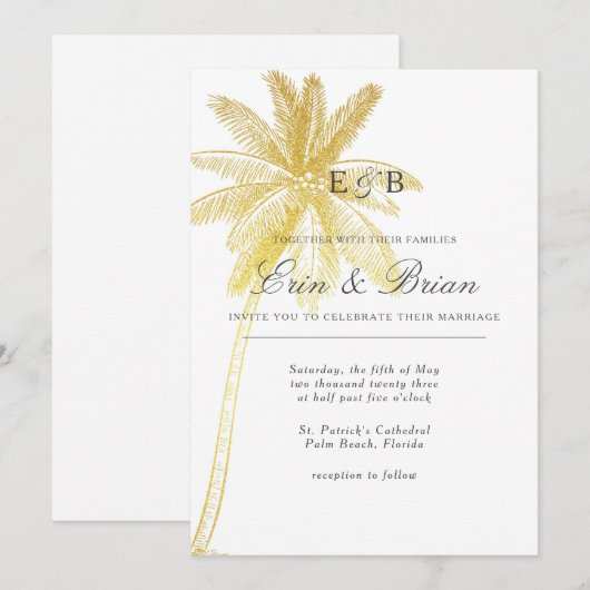 Gouden Blad Palmboom Tropische Bruiloft Uitnodigin Kaart (Voorkant / Achterkant)