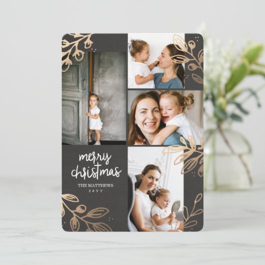 Gouden bladeren 4 foto vakantiekaart feestdagenkaart (Staand voorkant)