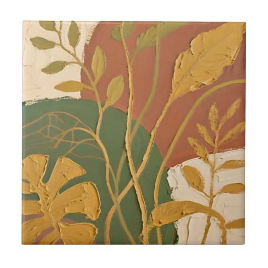 Gouden Bladeren Abstract Tegeltje (Voorkant)