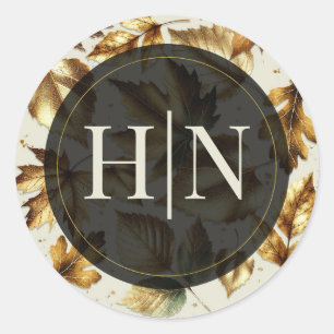 Gouden Bladeren Amandel Beige Crème Zwart Herfst B Ronde Sticker