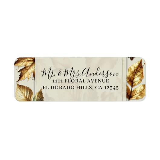 Gouden Bladeren Amandel Beige Glam Herfst Bruiloft Etiket (Voorkant)
