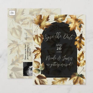 Gouden bladeren amandel & beige zwarte glamour her aankondigingskaart