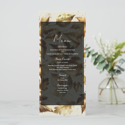 Gouden Bladeren Amandel Beige & Zwarte Herfst Brui Menu (Staand voorkant)