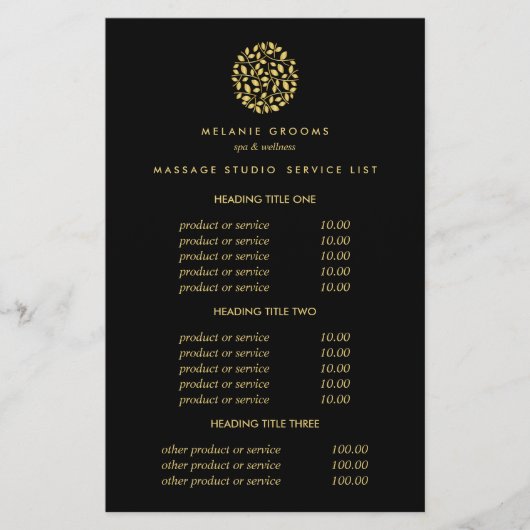 Gouden bladeren Black Spa Massage Prijzen & Diens Flyer (Voorkant)