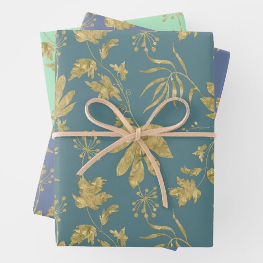 Gouden Bladeren Blauw Groen Bruids Bruiloft Inpakpapier Vel (In situ)