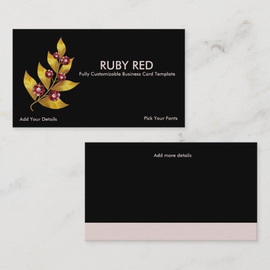 Gouden bladeren Bloem & Ruby Strass Visitekaartje (Voorkant / Achterkant)