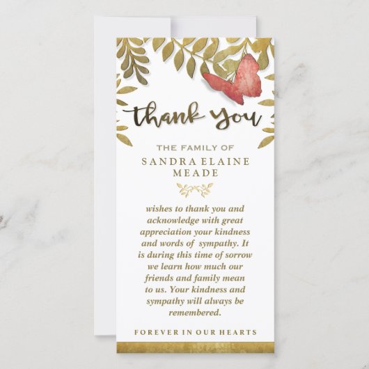 Gouden Bladeren Bloem Vlinder Dank U Betuiging Bedankkaart (Voorkant)