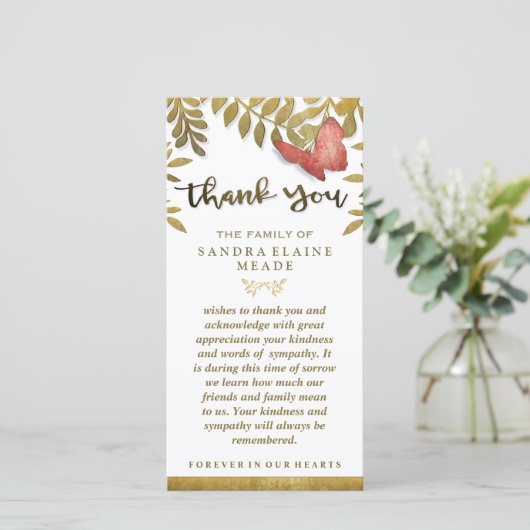 Gouden Bladeren Bloem Vlinder Dank U Betuiging Bedankkaart (Staand voorkant)
