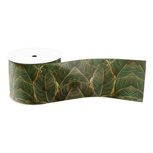 Gouden Bladeren Bos Groen Elegant Patroon Grosgrain Lint (Spoel)