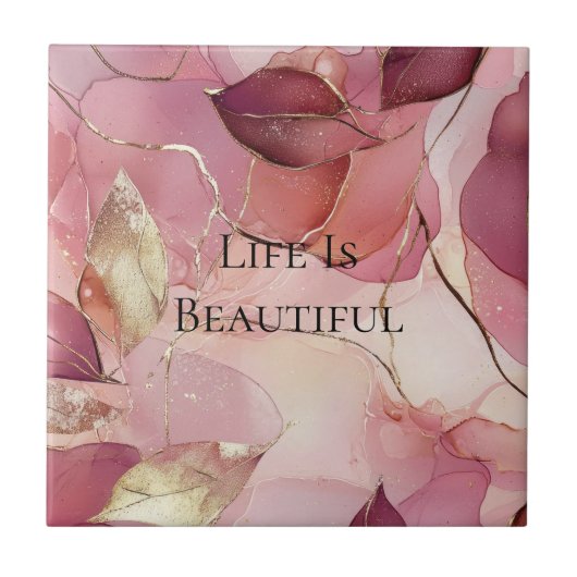 Gouden Bladeren Burgundy Blush Roze Tegeltje (Voorkant)