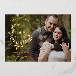 Gouden bladeren Crest Monogram Foto opslaan van de Folie Uitnodiging