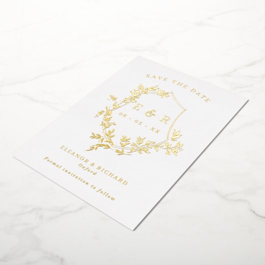 Gouden bladeren Crest Monogram Opslaan van de datu Folie Uitnodiging (Gedraaid)