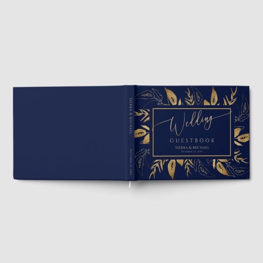 Gouden bladeren | Elegant Goud Marine Blauw Bruilo Gastenboek (Volledig)