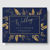 Gouden bladeren | Elegant Goud Marine Blauw Bruilo Gastenboek (Voorkant)
