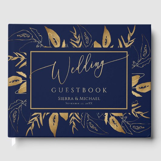 Gouden bladeren | Elegant Goud Marine Blauw Bruilo Gastenboek (Voorkant)