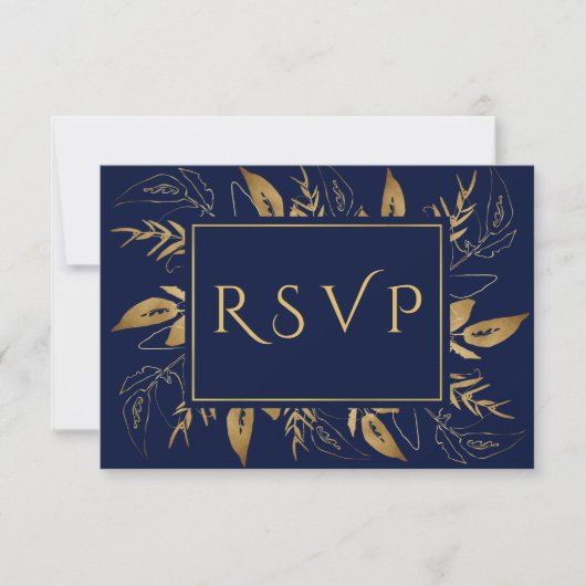 Gouden bladeren | Elegant Goud Marine Blauw Bruilo RSVP Kaartje (Voorkant)