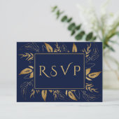 Gouden bladeren | Elegant Goud Marine Blauw Bruilo RSVP Kaartje (Staand voorkant)