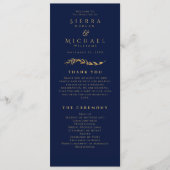Gouden bladeren | Elegante Navy Blue Gold bruiloft Programmakaart (Voorkant)