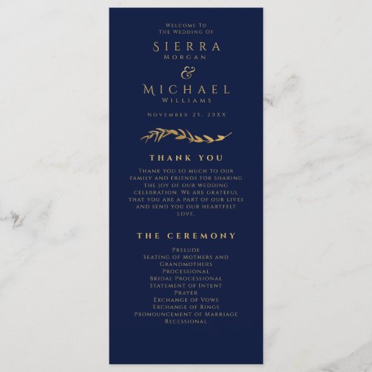 Gouden bladeren | Elegante Navy Blue Gold bruiloft Programmakaart (Voorkant)