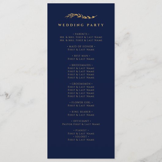 Gouden bladeren | Elegante Navy Blue Gold bruiloft Programmakaart (Achterkant)