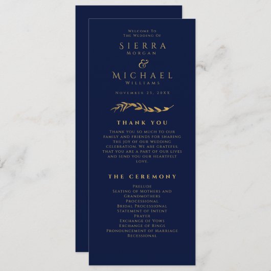 Gouden bladeren | Elegante Navy Blue Gold bruiloft Programmakaart (Voorkant / Achterkant)