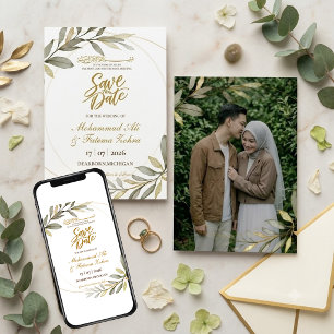 Gouden Bladeren Elegantie Moslim Bruiloft SAVE THE Kaart