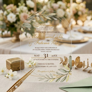 Gouden Bladeren Elegantie Moslim Trouw Nikah Acryl Uitnodigingen