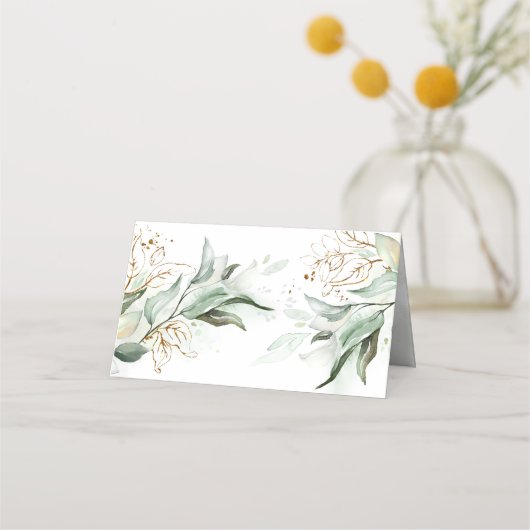 Gouden bladeren en Eucalyptus groen bruiloft Plaatskaartje (Achterkant)