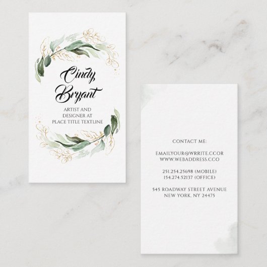 Gouden bladeren en Eucalyptus groen Elegant Modern Visitekaartje (Voorkant / Achterkant)