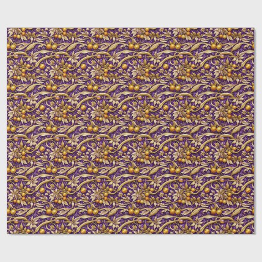 Gouden bladeren en granaatappels Paarse Cadeaupapier (Vlak)