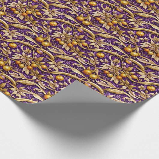 Gouden bladeren en granaatappels Paarse Cadeaupapier (Hoek)