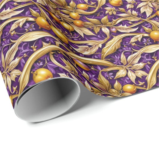 Gouden bladeren en granaatappels Paarse Cadeaupapier (Rol Hoek)